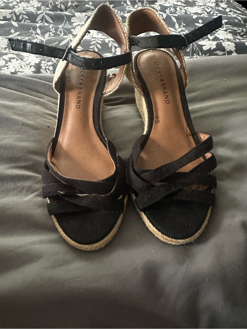 Lucky Brand Black Espadrille Ankle-Strap Wedge Sandals